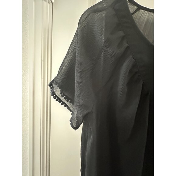 Black Sheer Blouse With Tie Neck & Pom Pom Trim - Womens L - Picture 7 of 7